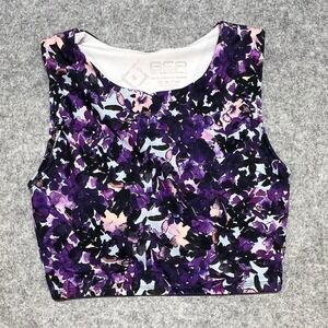 BSP Womens Purple Floral Watercolor Activewear Crop Top Built-in Bra Small